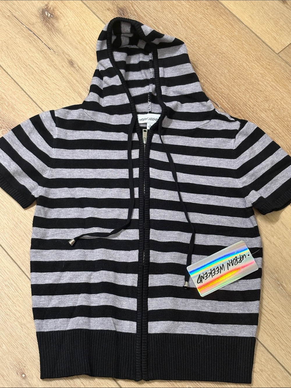 Kids Short-Sleeve Striped Zip Hoodie - Black & Gray
